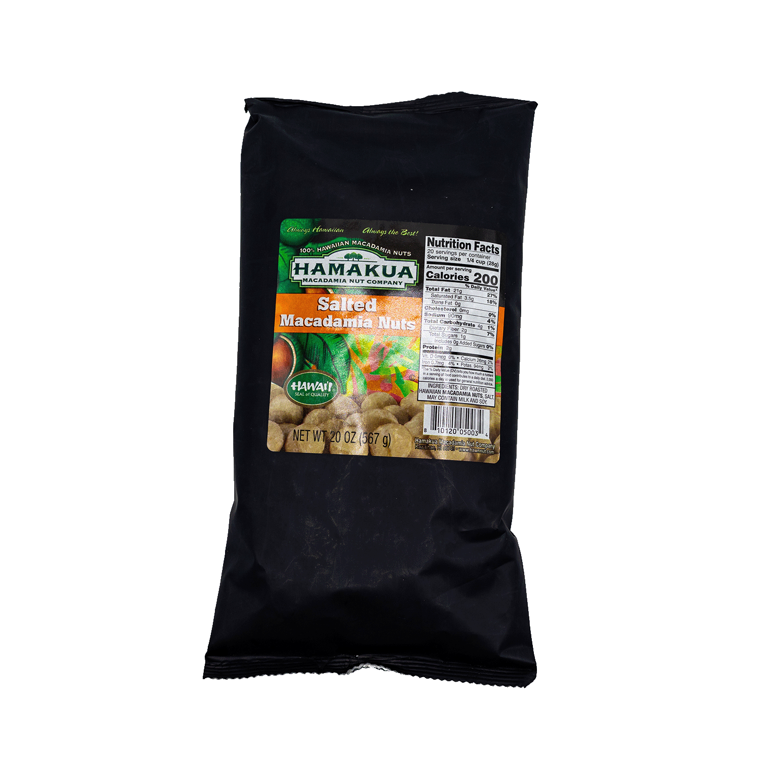 20oz black bag of Hāmākua Macadamia Nut Company salted macadamia nuts
