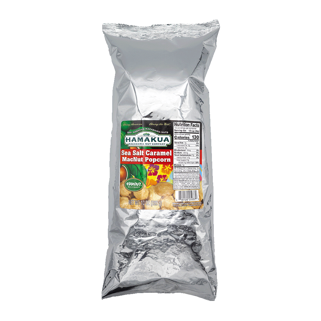 Silver foil package of Hāmākua Macadamia Nut Company Sea Salt Caramel Popcorn