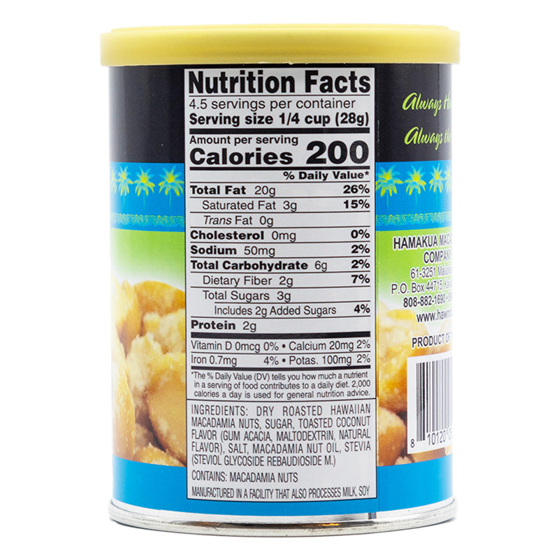 Nutrional label of 4.5oz can of Hāmākua Macadamia Nut Company Toasted Coconut Macadamia Nuts
