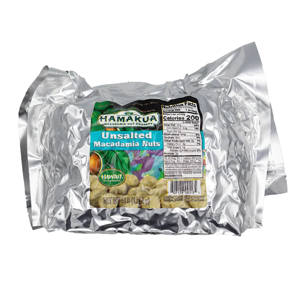 4lb foil package of Hāmākua Macadamia Nut Company Unsalted Macadamia Nuts