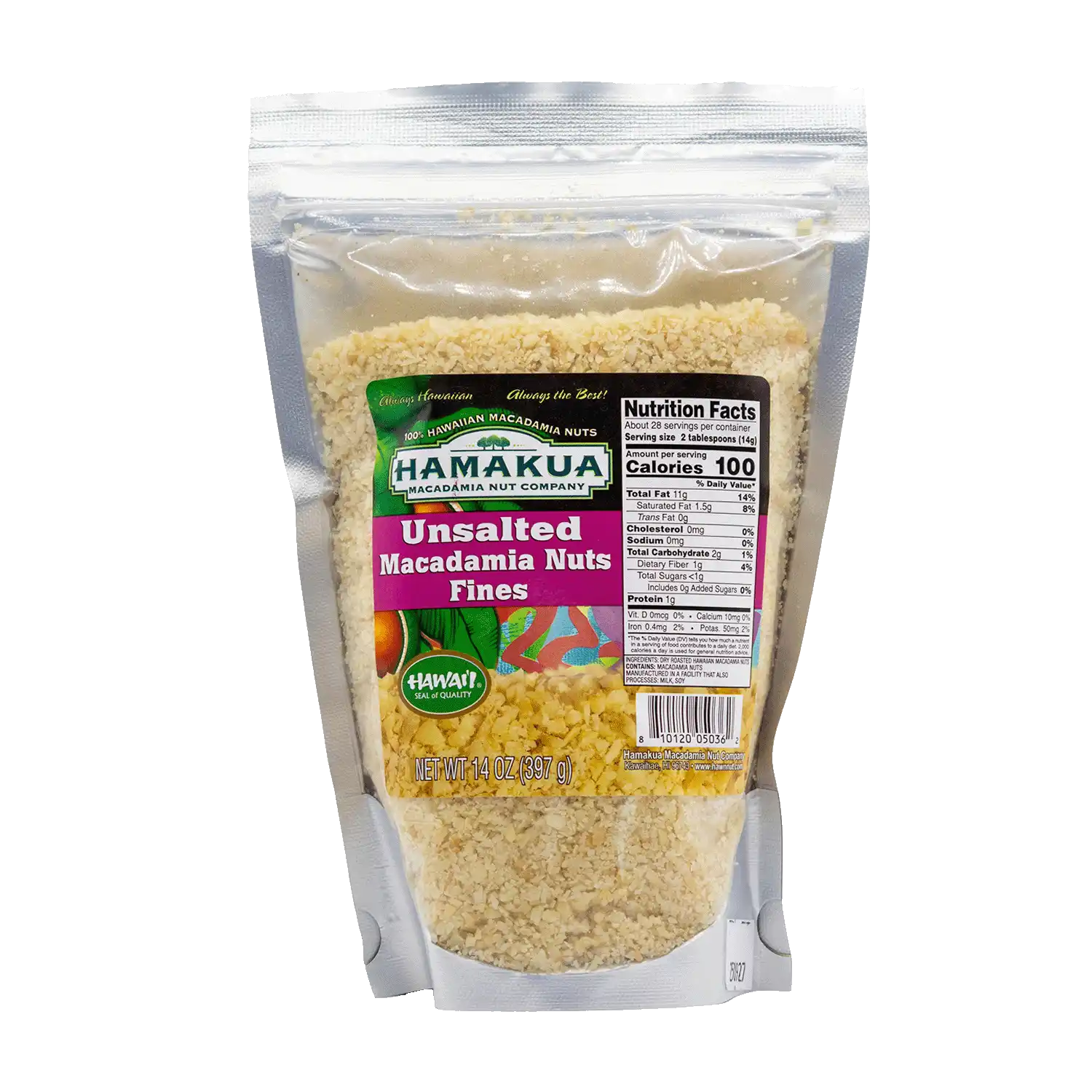 14oz clear bag of Hāmākua Macadamia Nut Company unsalted fine macadamia nuts