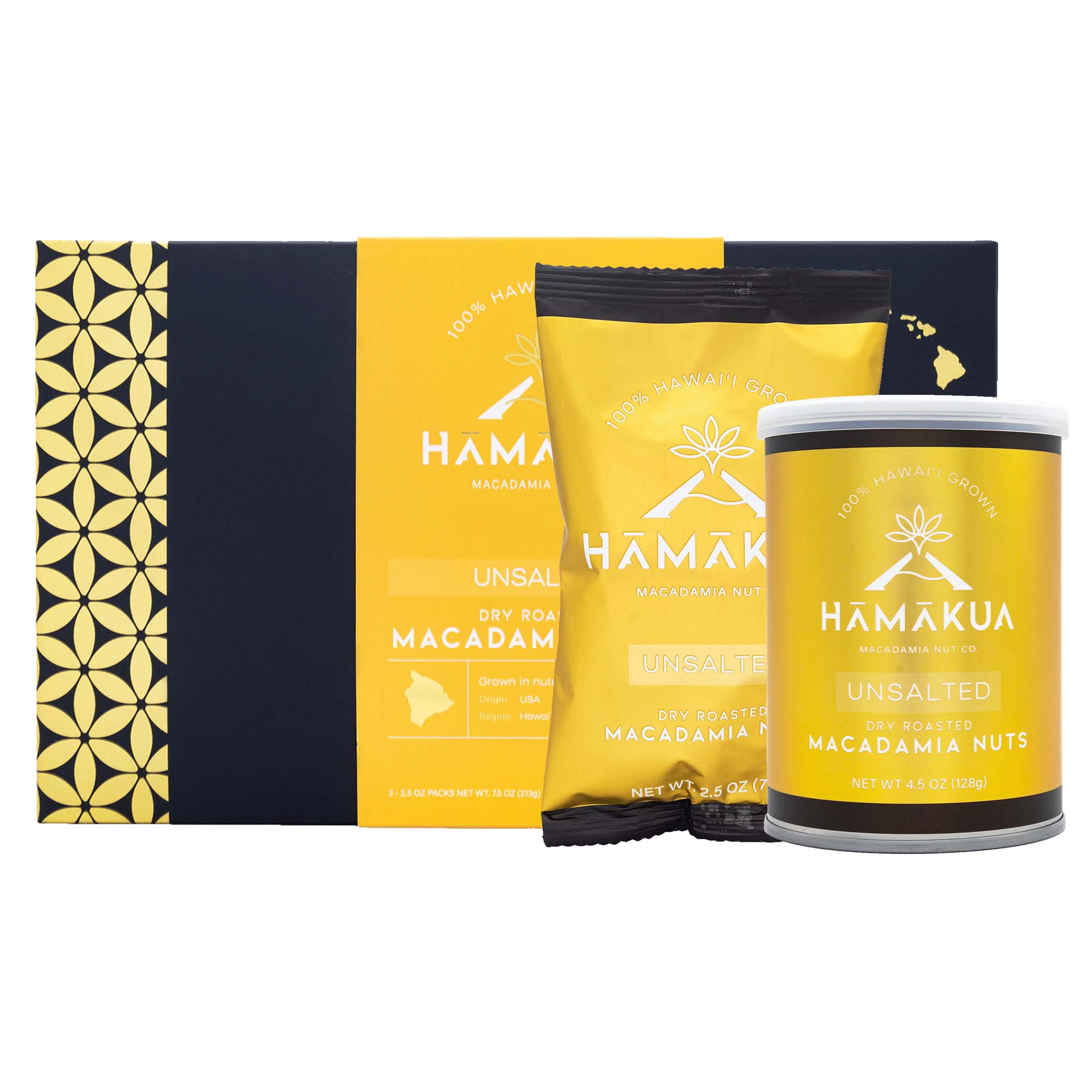 Hāmākua Macadamia Nut Company Unsalted Macadamia Nuts in various size packaging
