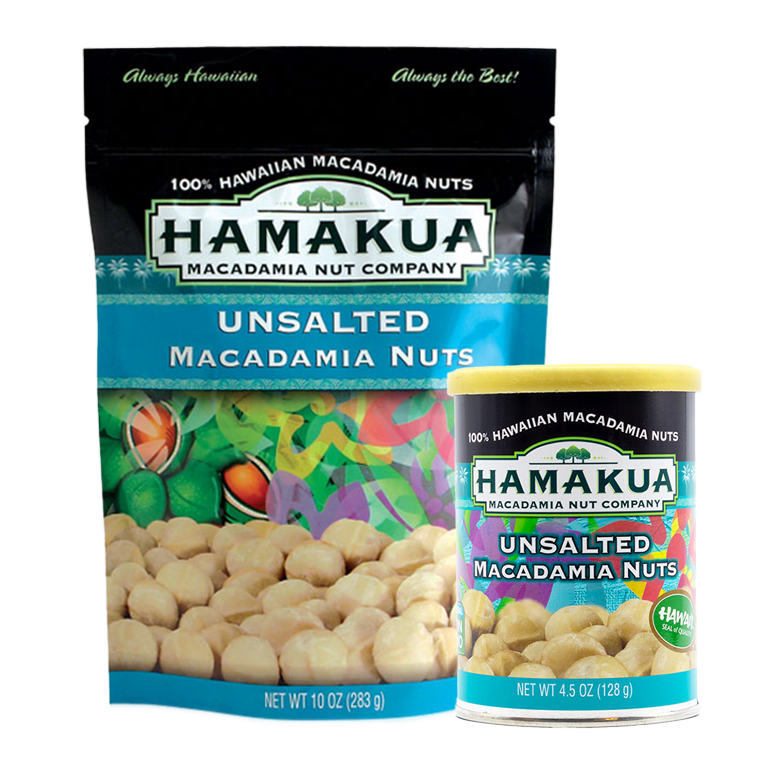 10oz pouch and 4.5oz can of Hāmākua Macadamia Nut Company Unsalted Macadamia Nuts